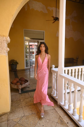 Corinne pink twist-front maxi dress full-length front view with flowing skirt