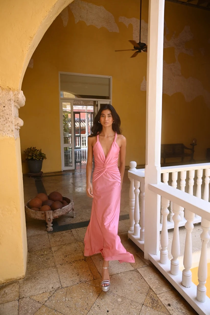 Corinne pink twist-front maxi dress full-length front view with flowing skirt