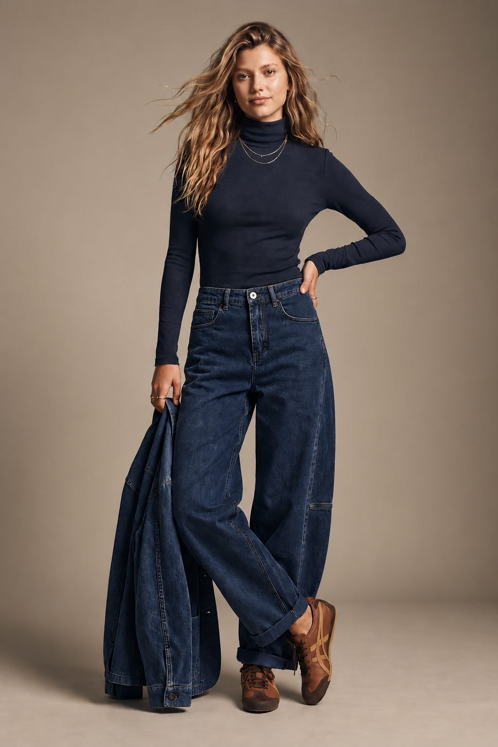 Monroe blue barrel leg pants by TYNA Collection