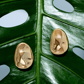 A pair of gold colored statement hammered earrings with an organic oval shape, displayed on a green leaf.